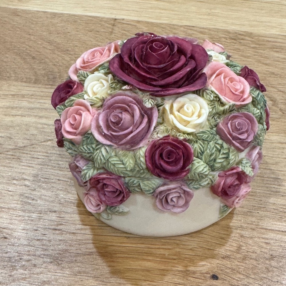 Vintage 1995 Dezine Rose Trinket Box Hand Painted Floral Jewelry Box 9131